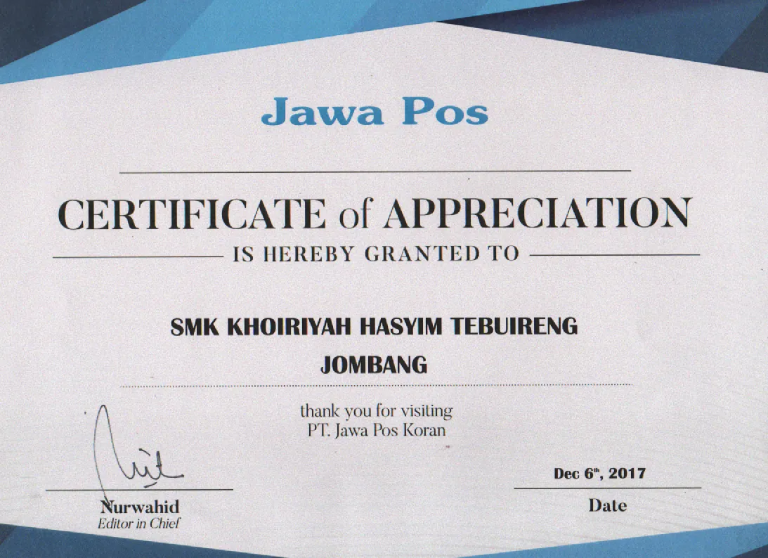 2017 -  CERTIFICATE OF APPRECIATION KUNJUNGAN KE JAWA POS PT.JAWA POS KORAN